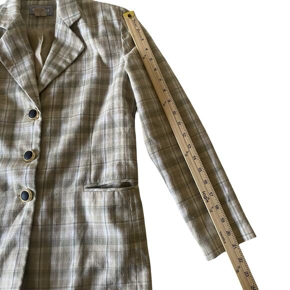 Savion Plaid Linen Blend Blazer Beige Sage Size 2P Made in Ukraine - Picture 9 of 9